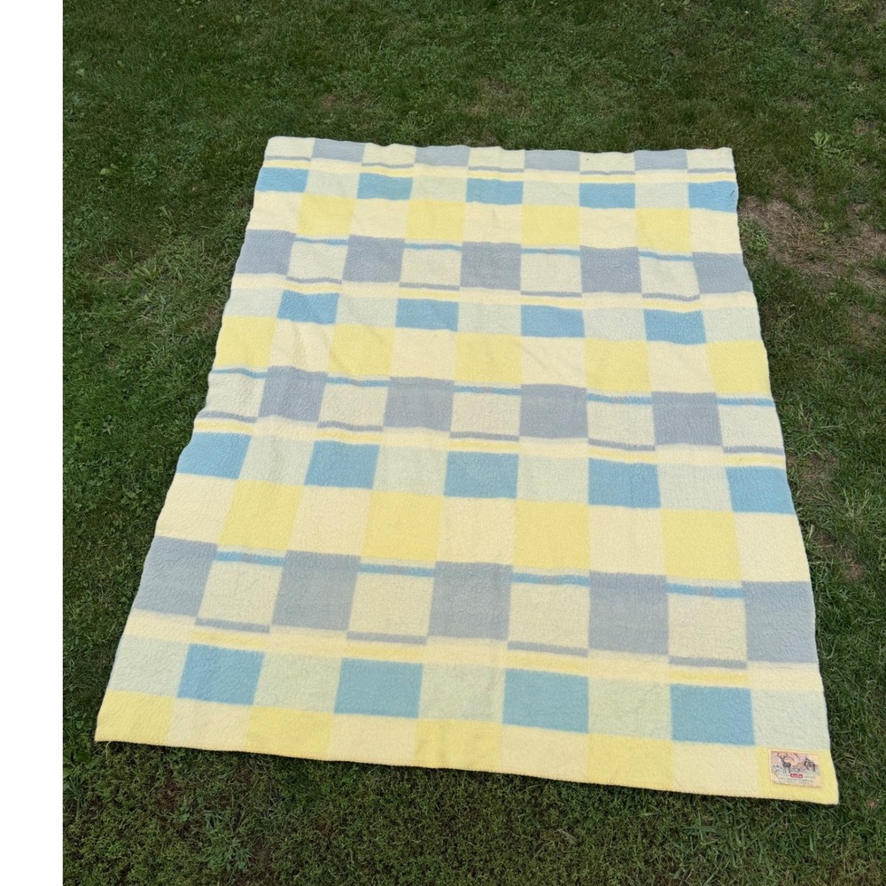 AaBe Wollen Dekens Wool Blanket 87x69 Yellow Blue Plaid Dutch Heritage MCM